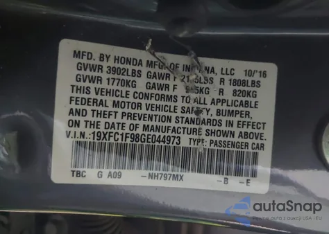 2016 Honda Civic Touring z USA, uszkodzony, nr VIN 19XFC1F98GE044973